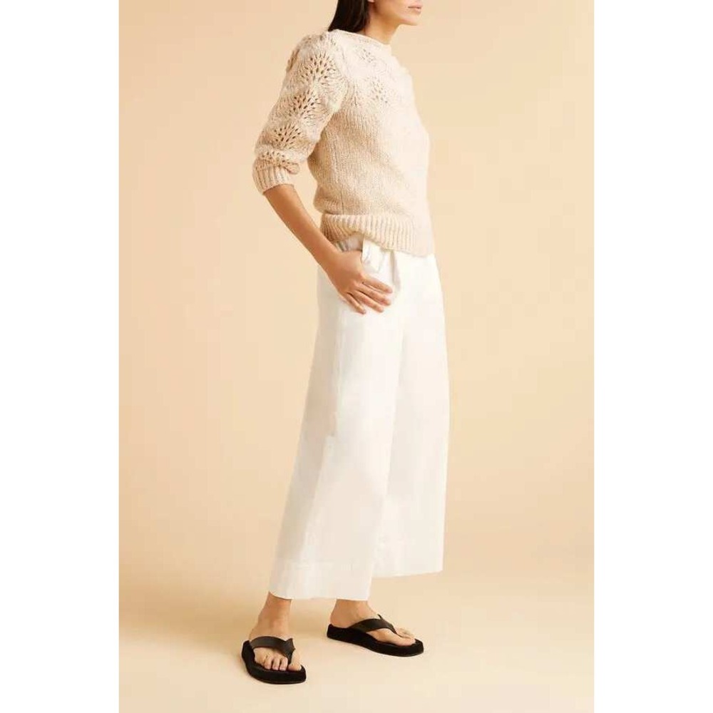 Merlette Ivory Pointelle Scalloped Chevron Knit Sweater Puff Sleeve Cream Boho - Picture 9 of 11